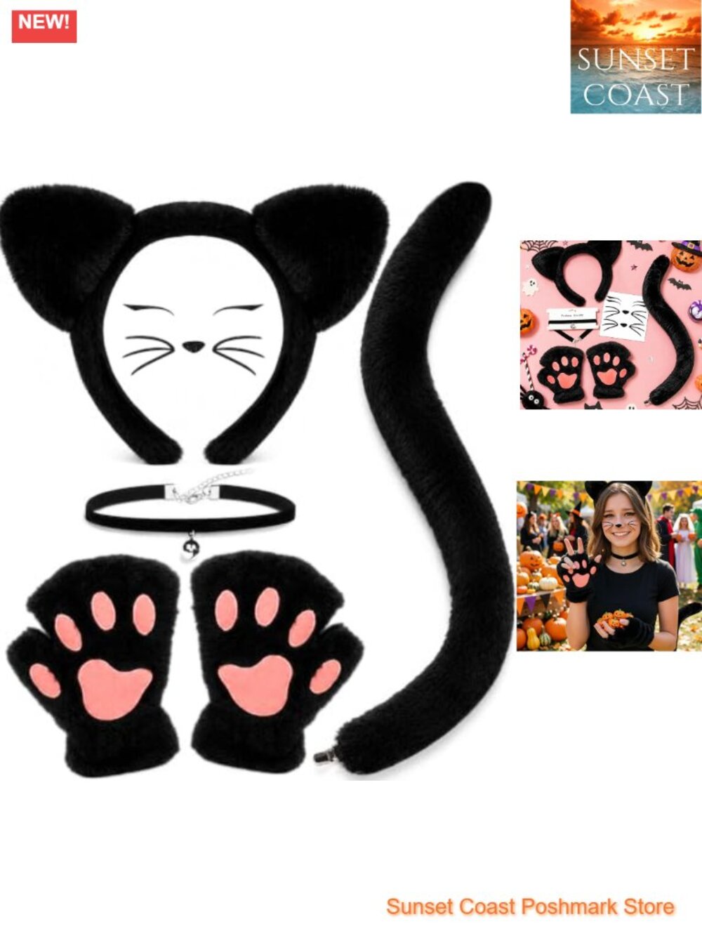 Cat Costume Accessory Set Ears Headband Tail Paws Gloves Collar Halloween